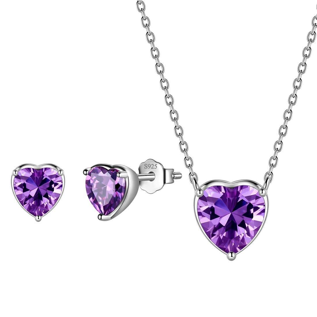 Women Hearts Jewelry Sets 3PCS Sterling Silver February-Amethyst Aurora Tears Jewelry