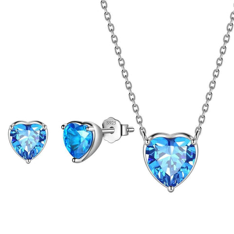 Women Hearts Jewelry Sets 3PCS Sterling Silver March-Aquamarine Aurora Tears Jewelry