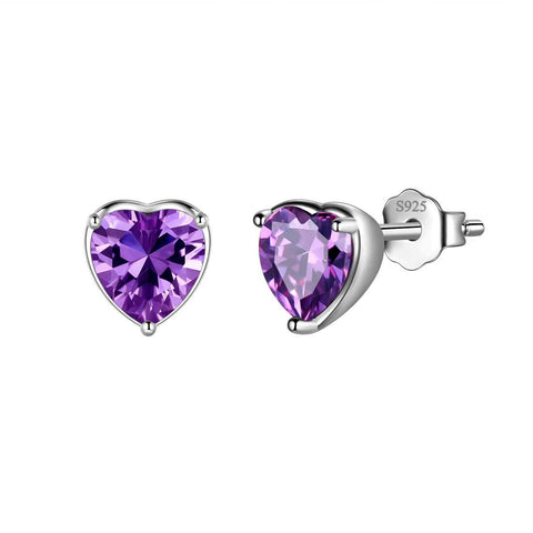 Women Hearts Studs Earring 925 Sterling Silver February-Amethyst Aurora Tears Jewelry