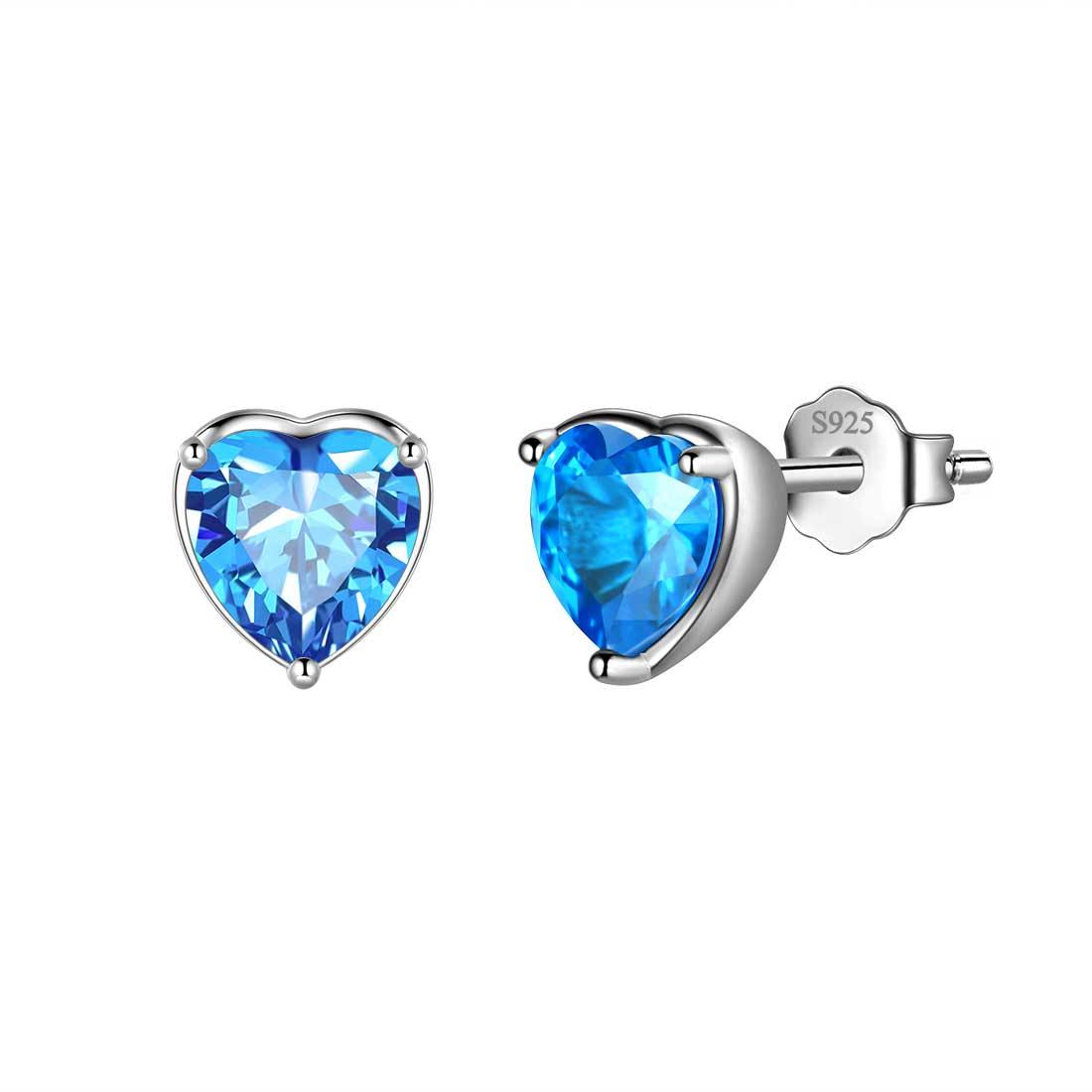 Women Hearts Studs Earring 925 Sterling Silver March-Aquamarine Aurora Tears Jewelry