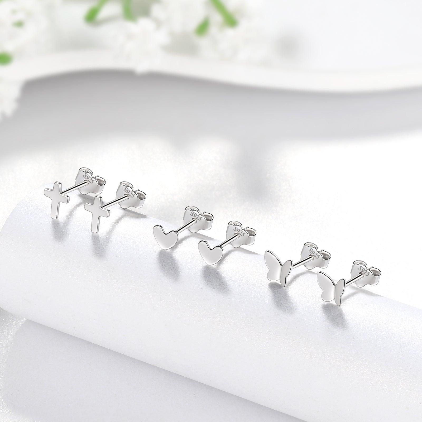 Small Stud Earrings Set - Heart Cross Butterfly - Earrings - Aurora Tears