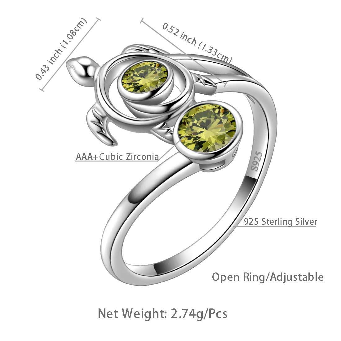 women turtle birthstone open rings adjustable sterling silver atdr0084 aurora tears jewelry August Peridot 6