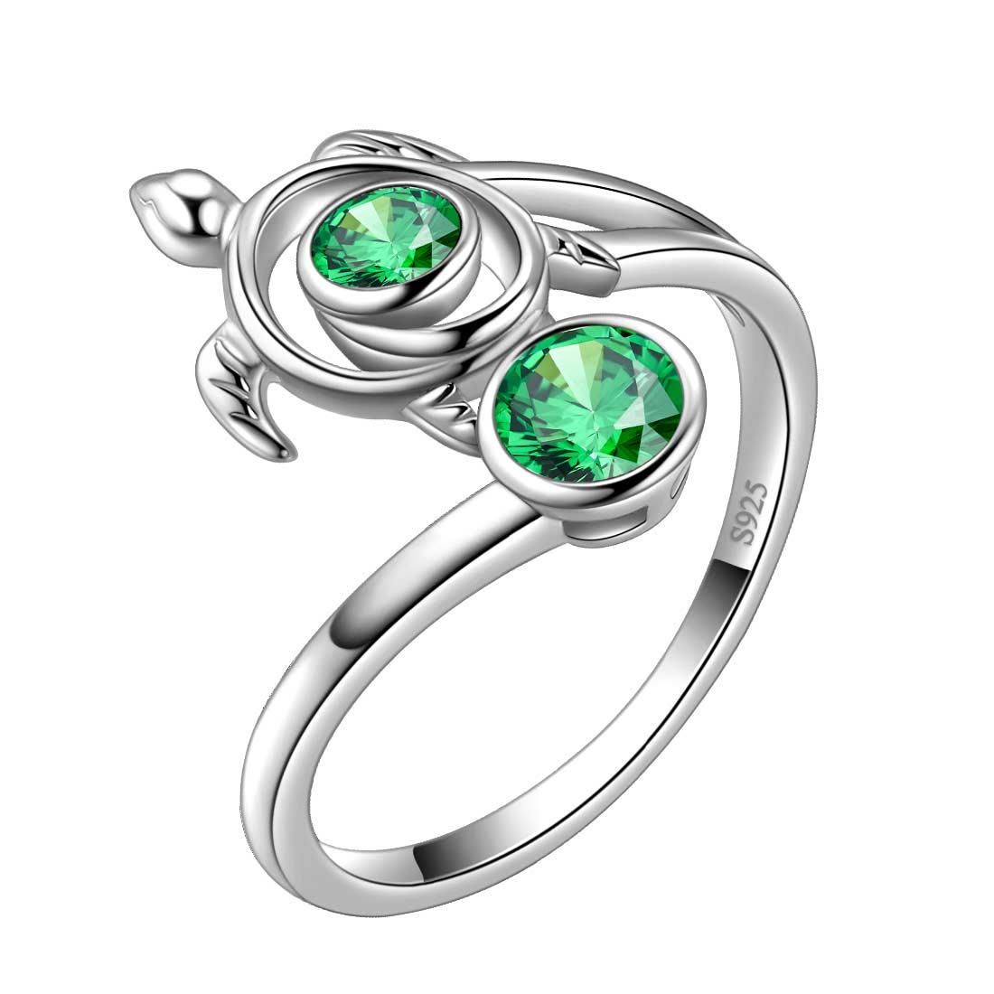 Turtle Birthstone May Emerald Ring Open Sterling Silver - Rings - Aurora Tears