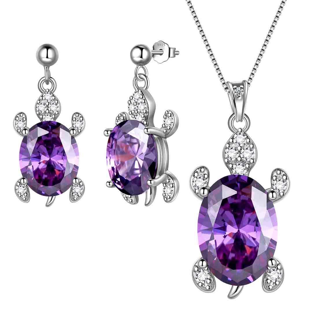 Women Turtle Jewelry Sets 3PCS Sterling Silver Purple-Amethyst Aurora Tears Jewelry