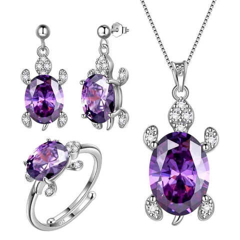 Women Turtle Jewelry Sets 4PCS Sterling Silver Purple-Amethyst Aurora Tears Jewelry