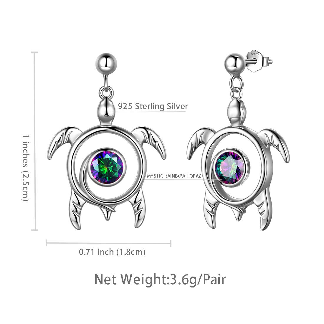Turtle Mystic Rainbow Topaz Drop Earrings Sterling Silver - Earrings - Aurora Tears Jewelry